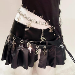 One shoulder beaded skull PU leather belt mini skirt set
