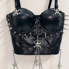 PU leather rivet skull metal chain cami top