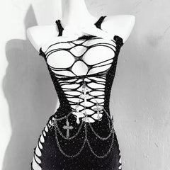 Hollow out beaded metal chain cami mini dress