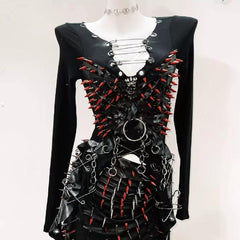 Long sleeve rivet metal chain PU leather mini skirt set