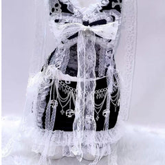 V neck lace hem bowknot metal chain cami mini skirt set