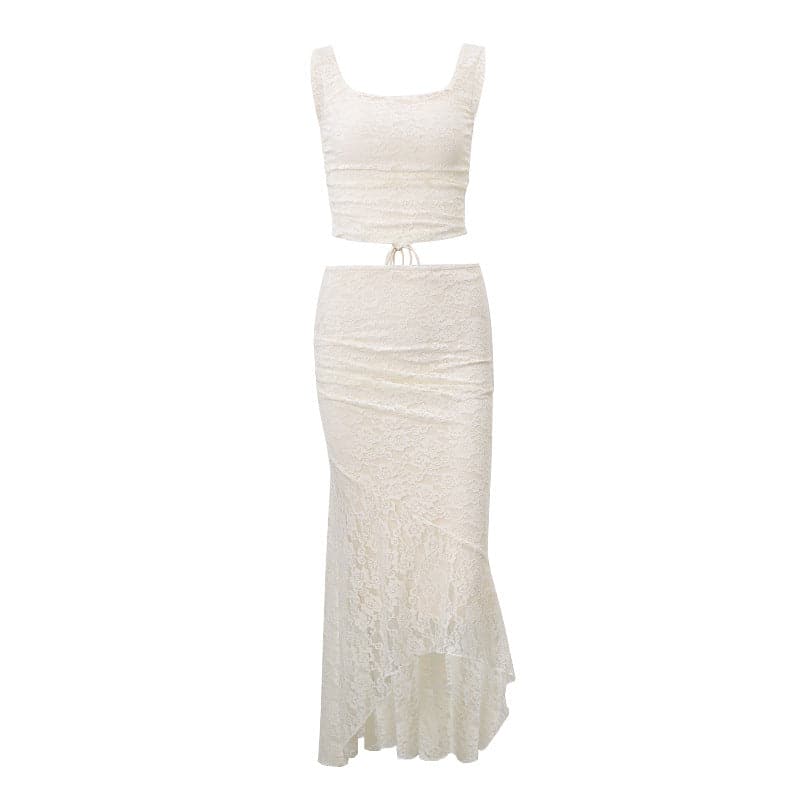 Sleeveless u neck backless lace up solid ruched midi skirt set