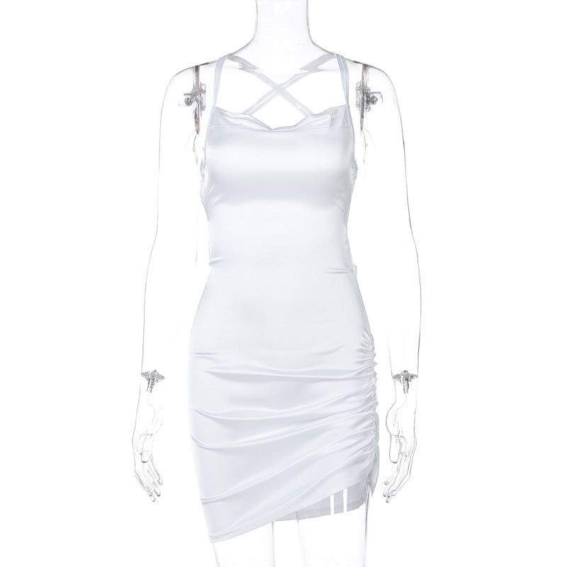 Satin cowl neck solid lace up backless ruched mini dress