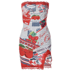 Slit abstract sleeveless contrast backless tube dress  | red tango dress