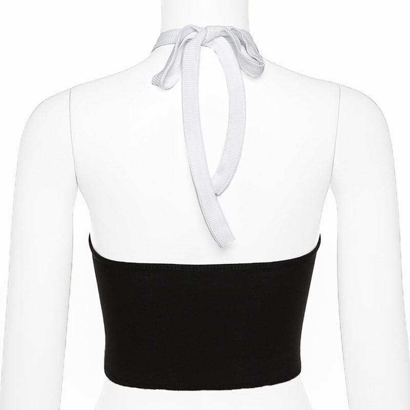Halter o ring plaid stitch patchwork backless crop top