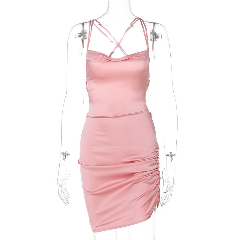 Satin cowl neck solid lace up backless ruched mini dress