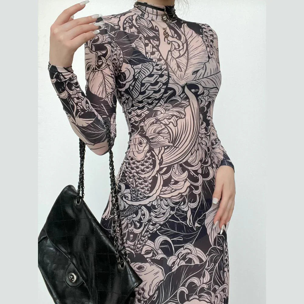 Sheer mesh see through abstract long sleeve high neck maxi dress  | samba dress