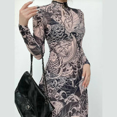 Sheer mesh see through abstract long sleeve high neck maxi dress  | samba dress