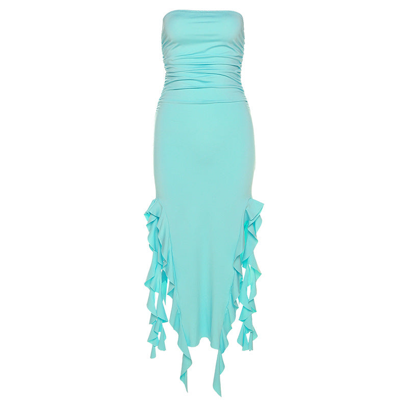 Solid slit irregular ruffle ribbon backless tube midi dress  | red tango dress