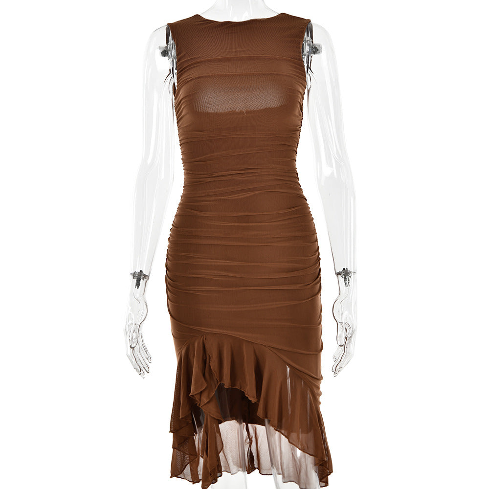 Ruched solid sleeveless ruffle zip-up backless midi dress  | red tango dress