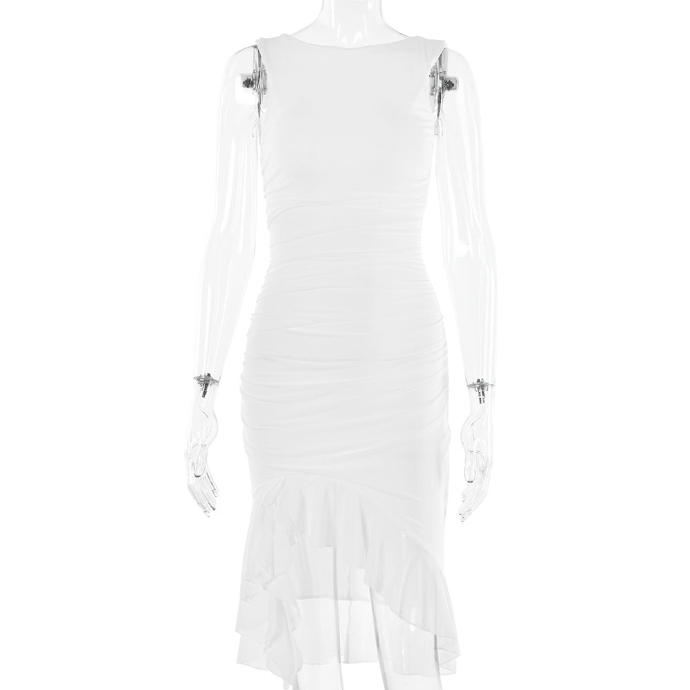 Ruched solid sleeveless ruffle zip-up backless midi dress  | red tango dress