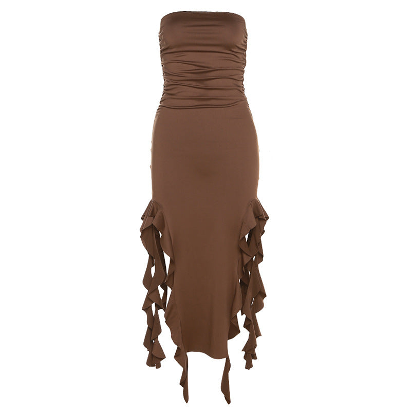 Solid slit irregular ruffle ribbon backless tube midi dress  | red tango dress