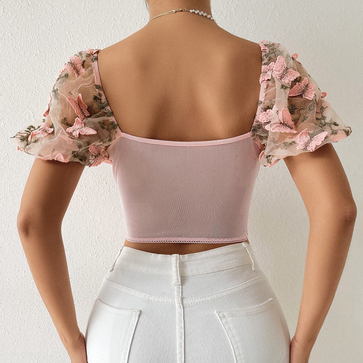 Butterfly embroidery drawstring mesh lace up bustier crop top