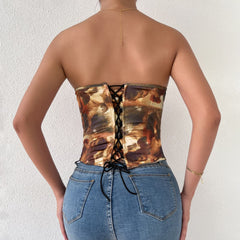 Lace up back button print heart neck bustier tube top