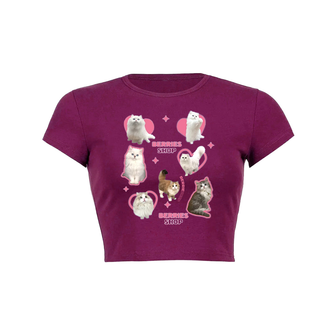 Many cat print crop top baby tee