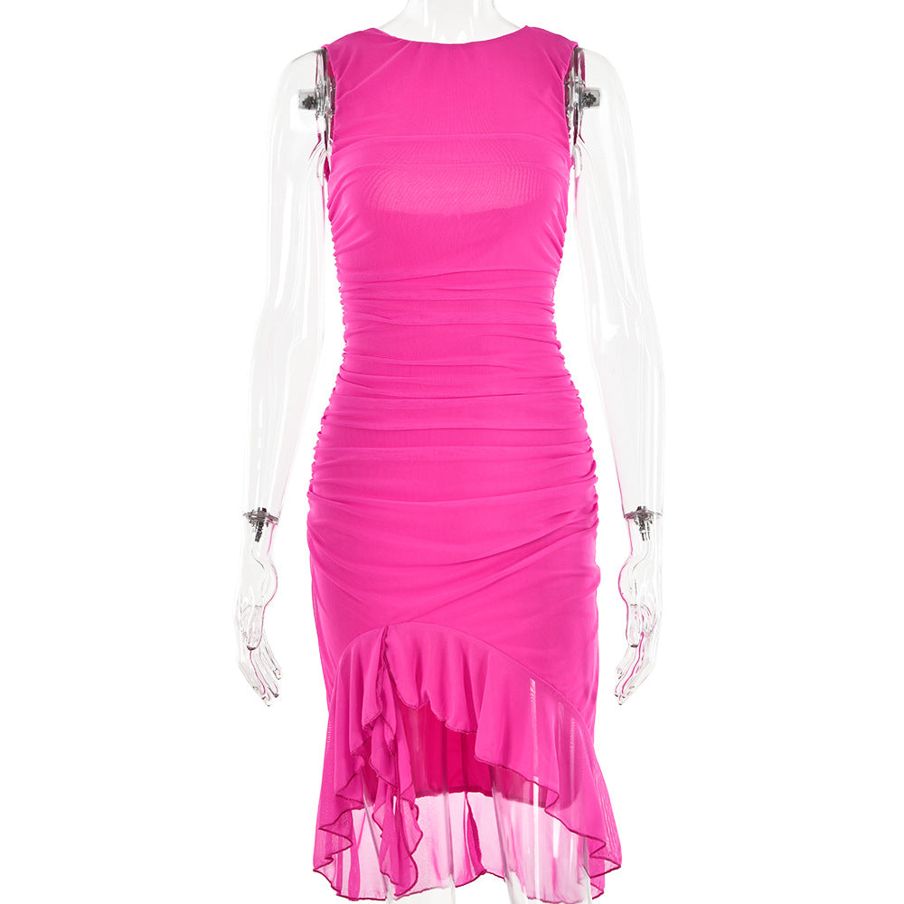 Ruched solid sleeveless ruffle zip-up backless midi dress  | red tango dress