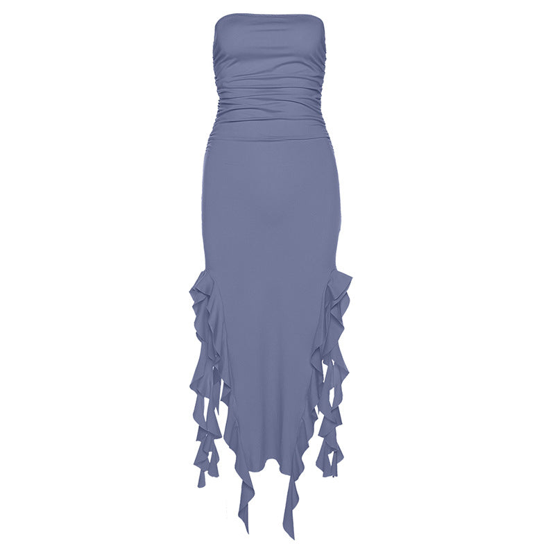 Solid slit irregular ruffle ribbon backless tube midi dress  | red tango dress