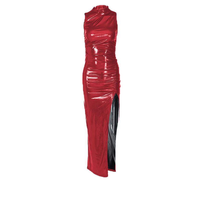 Sleeveless high neck metallic ruched high slit midi dress  | red tango dress