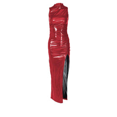 Sleeveless high neck metallic ruched high slit midi dress  | red tango dress