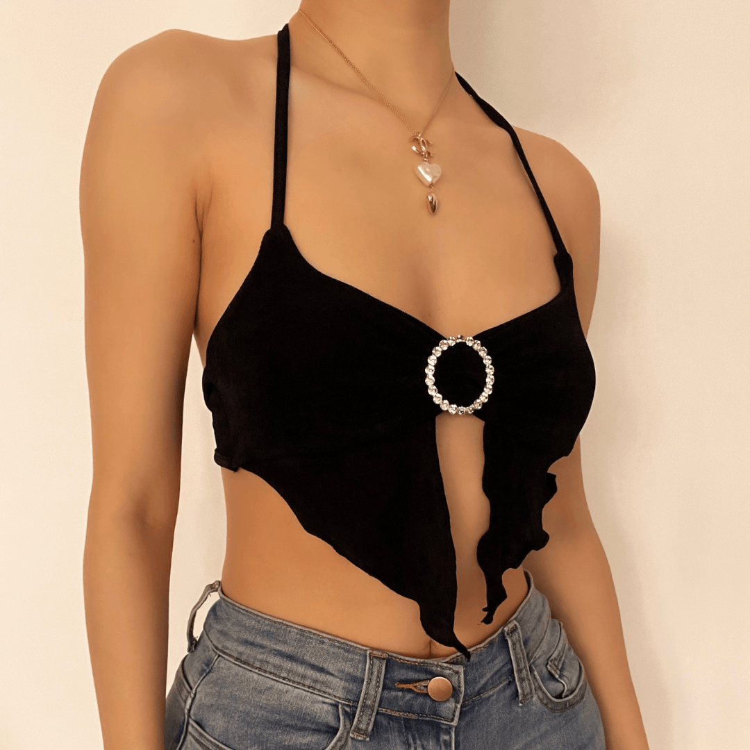 Ruffled metal ring halter cop top
