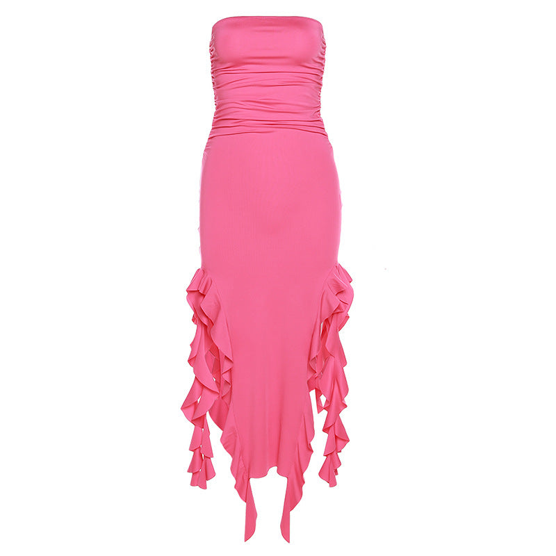 Solid slit irregular ruffle ribbon backless tube midi dress  | red tango dress