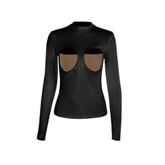 Long sleeve crewneck patchwork hollow out top