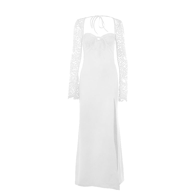 Sweetheart neck long sleeve self tie slit maxi dress