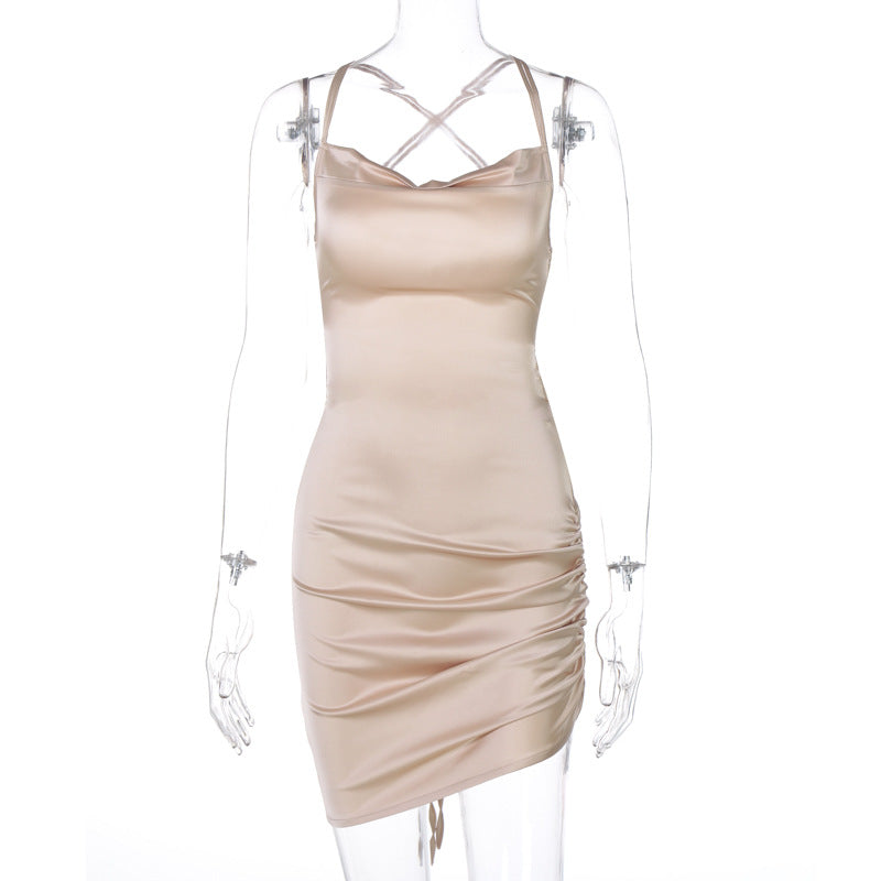 Satin cowl neck solid lace up backless ruched mini dress