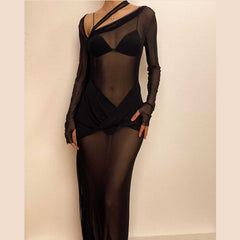 Sheer mesh long sleeve irregular backless see through slit maxi dress  | samba dress