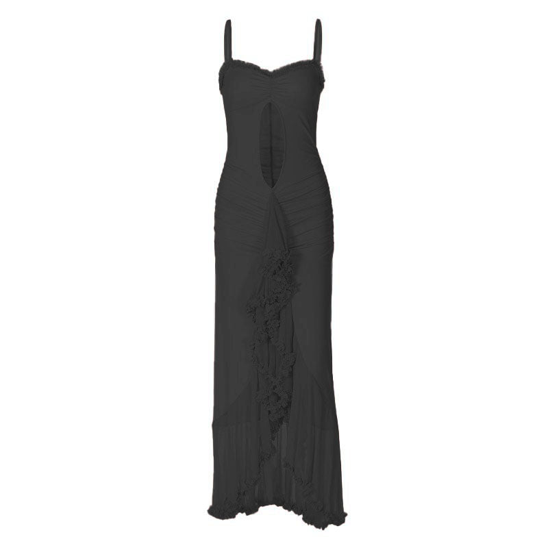 Ruffle high slit ruched hollow out cami maxi dress