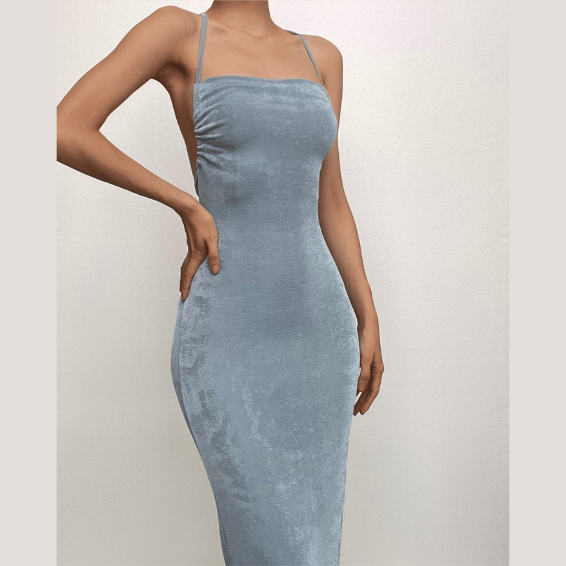 Halter ruched backless lace up solid self tie maxi dress