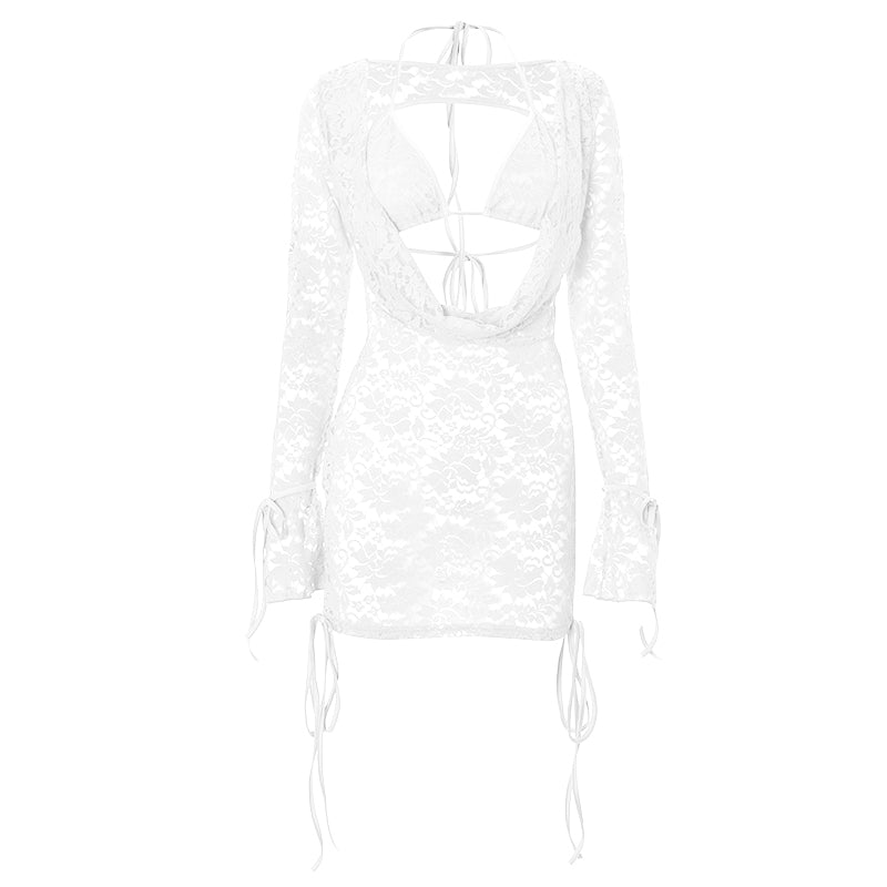 Long sleeve lace hollow out self tie 2 piece mini skirt set