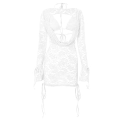 Long sleeve lace hollow out self tie 2 piece mini skirt set