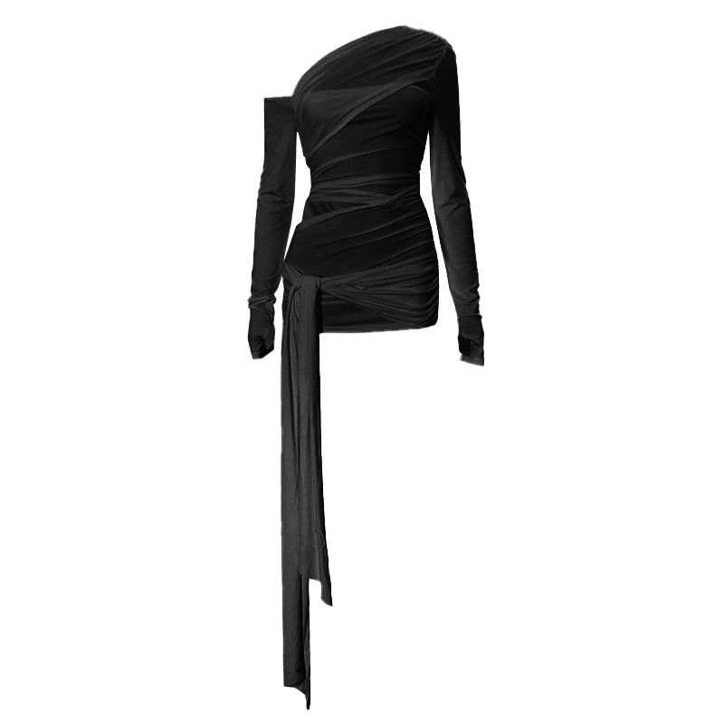 One shoulder long sleeve ruched hollow out knotted top
