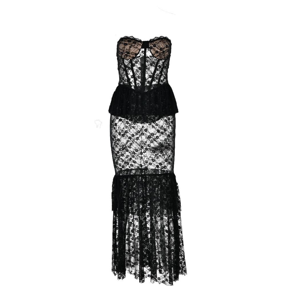 Sweetheart neck lace see through bustier ruched tube maxi dress  | red tango dress