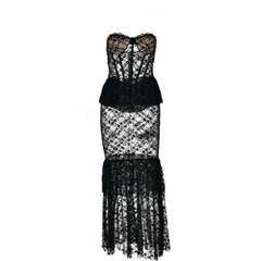 Sweetheart neck lace see through bustier ruched tube maxi dress  | red tango dress