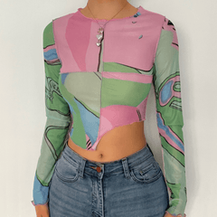 Ruffled see through patchwork irregular long sleeve crop top