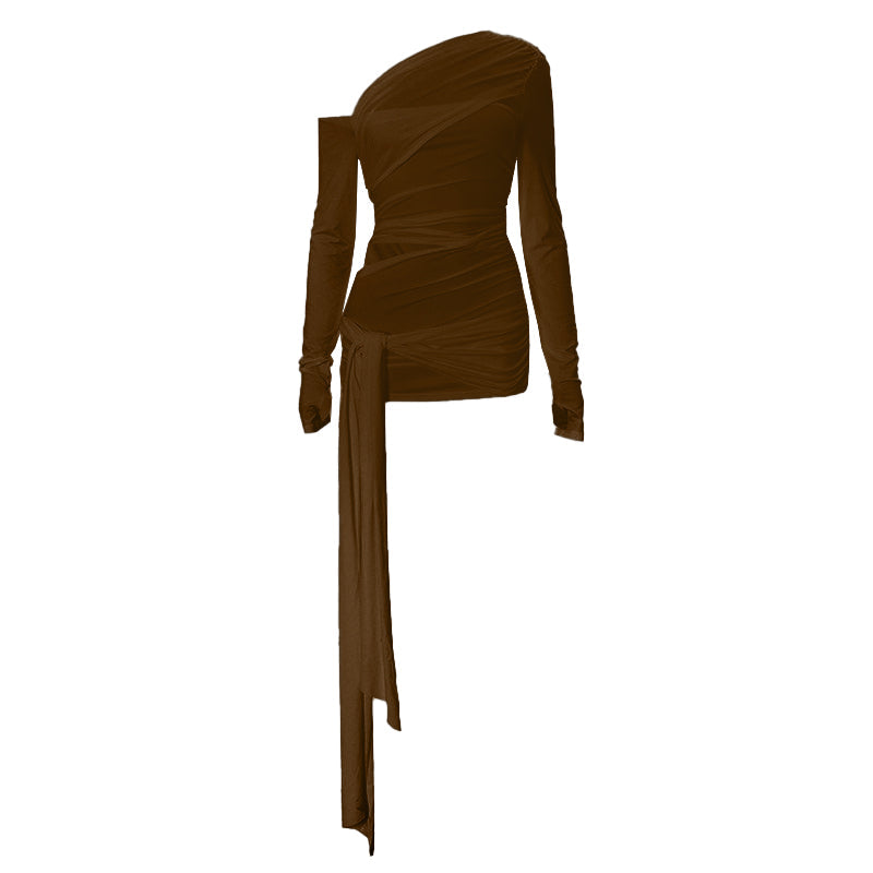One shoulder long sleeve ruched hollow out knotted top