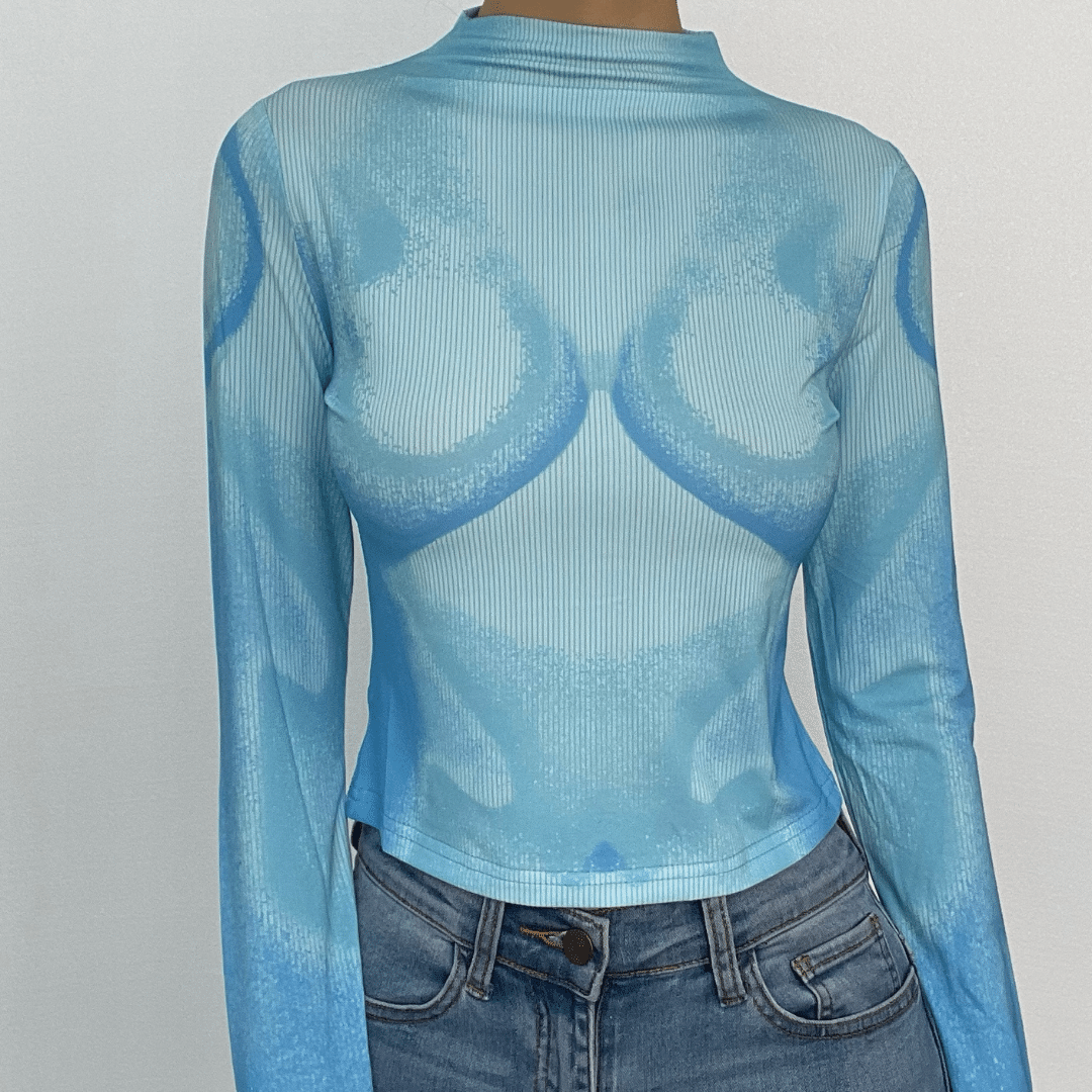 Long sleeve contrast high neck body print crop top