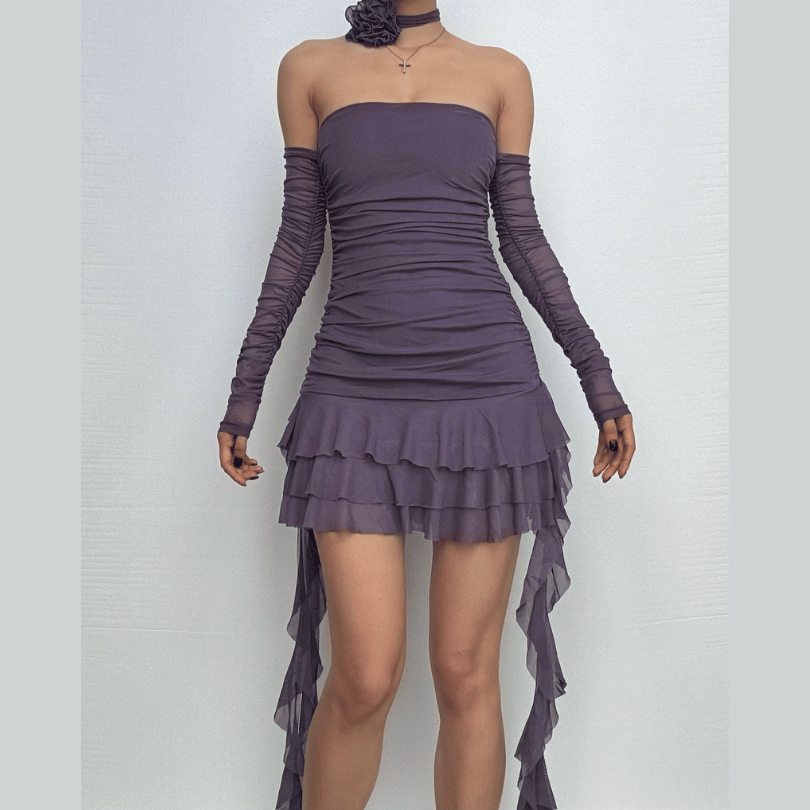 Long sleeve sheer mesh flower applique mini dress  | red tango dress  | samba dress