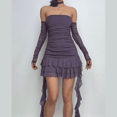 Long sleeve sheer mesh flower applique mini dress  | red tango dress  | samba dress