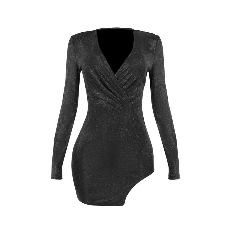 V neck long sleeve ruched slit glitter mini dress  | red tango dress