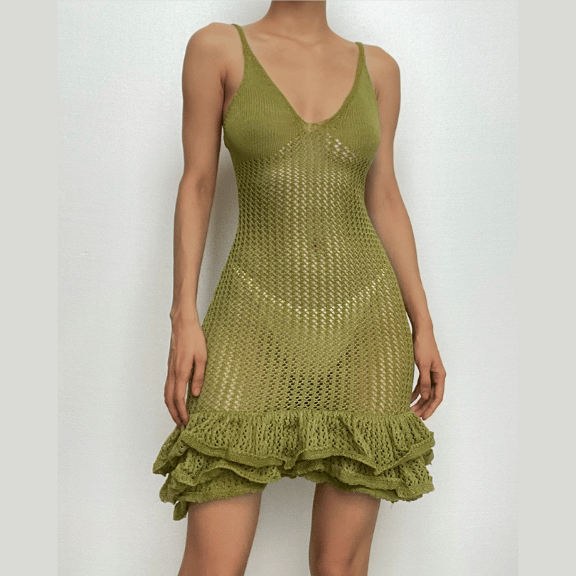 Crochet v neck sleeveless hollow out ruffle mini dress  | red tango dress