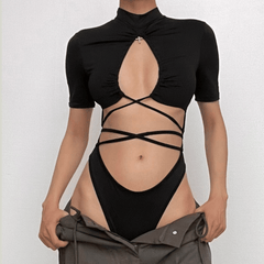 Short sleeve high neck ruched lace up hollow out bodysuit