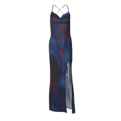 Print cowl neck slit cross back cami maxi dress