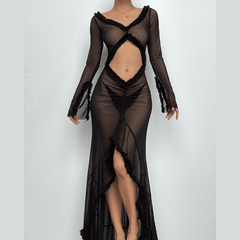 Long sleeve ruffle hollow out v neck sheer mesh cut out maxi dress  | samba dress