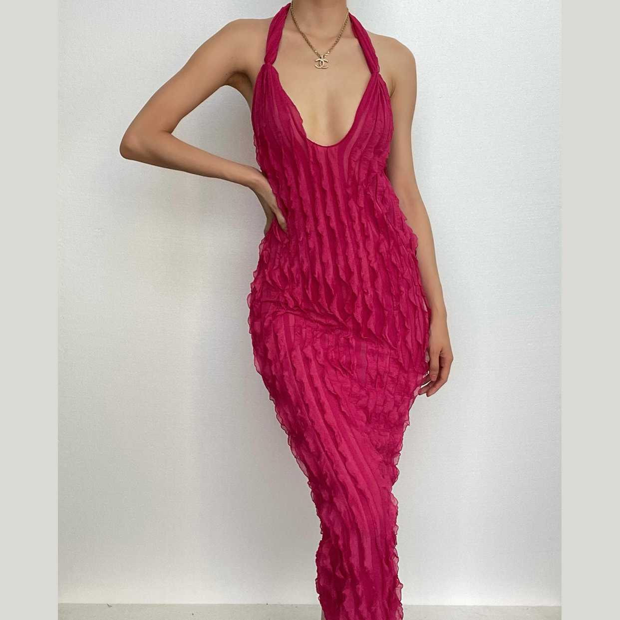 Textured ruffle solid halter self tie v neck backless maxi dress  | red tango dress