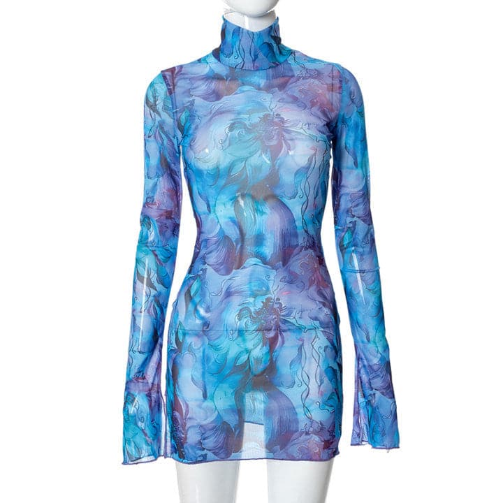 Sheer mesh see through print high neck slit long sleeve mini dress  | samba dress