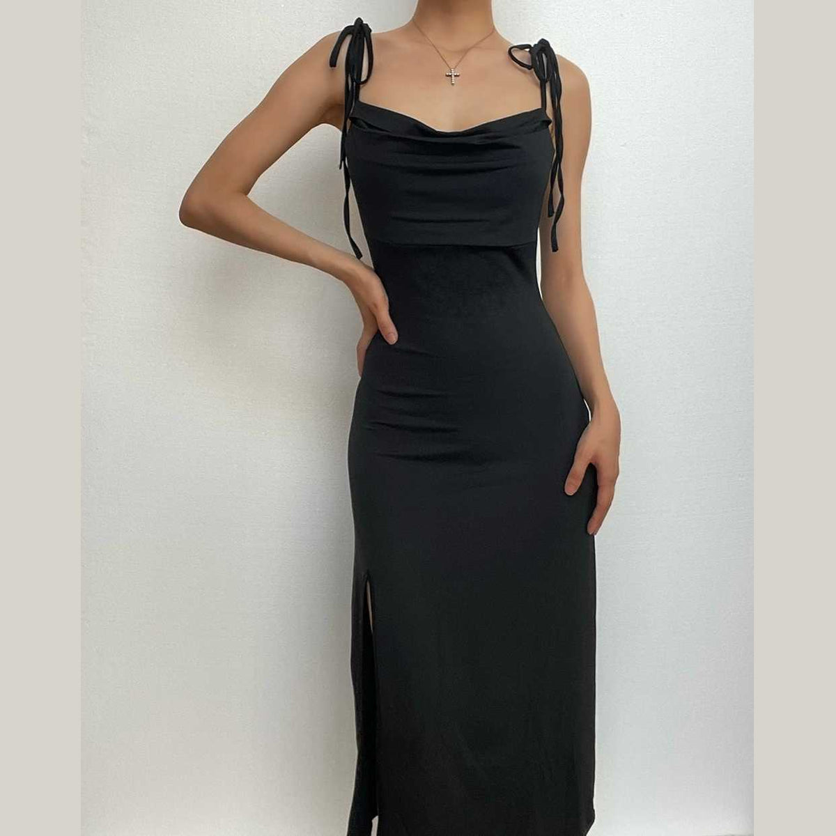 Cowl neck solid slit backless self tie ruched midi dress  | red tango dress