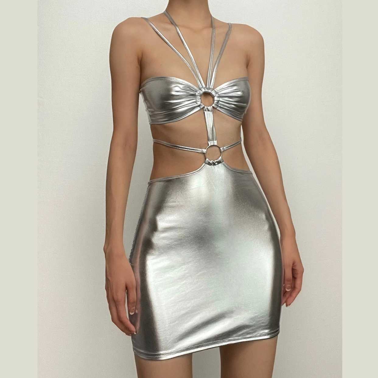 Metallic o ring halter self tie backless hollow out mini dress  | red tango dress